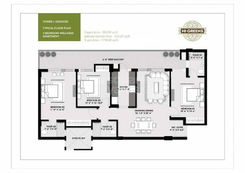 Floor plan of 3 BHK 983 Sq. Ft. Apartment in MRS Hi Greens, Zirakpur