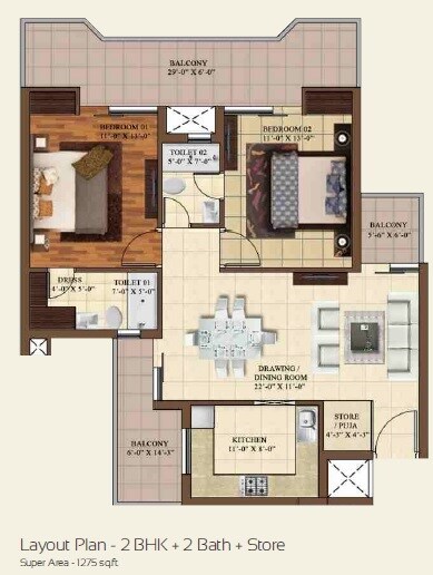 Floor plan of 2 BHK 1275 Sq. Ft. Apartment in Paradigm Business Hermitage Park, Zirakpur