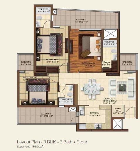 Floor plan of 3 BHK 1560 Sq. Ft. Apartment in Paradigm Business Hermitage Park, Zirakpur