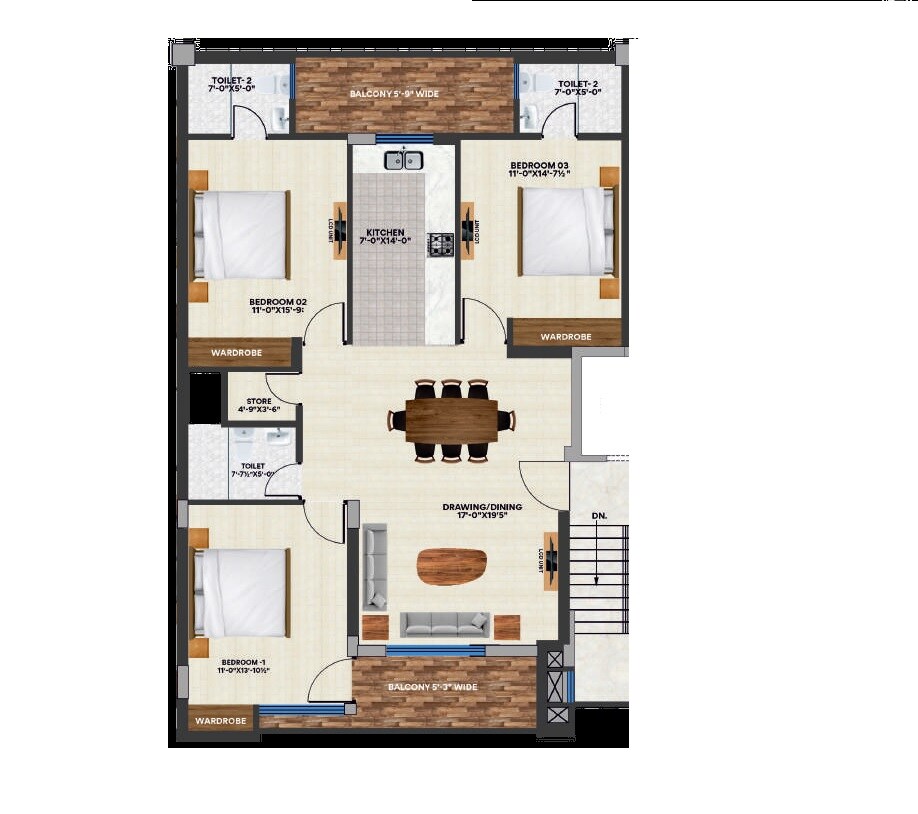 Floor plan of 3 BHK 1675 Sq. Ft. Apartment in Riverdale Hazelwood Residences, Zirakpur