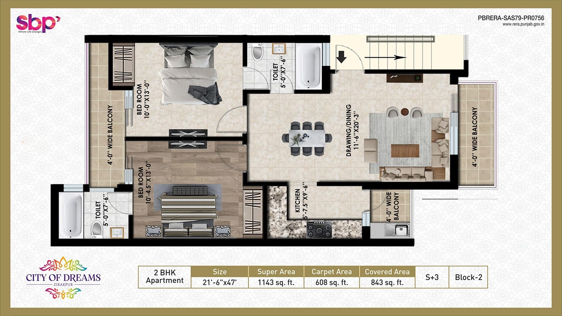 Floor plan of 2 BHK 1143 Sq. Ft. Apartment in SBP City Of Dreams Zirakpur, Zirakpur