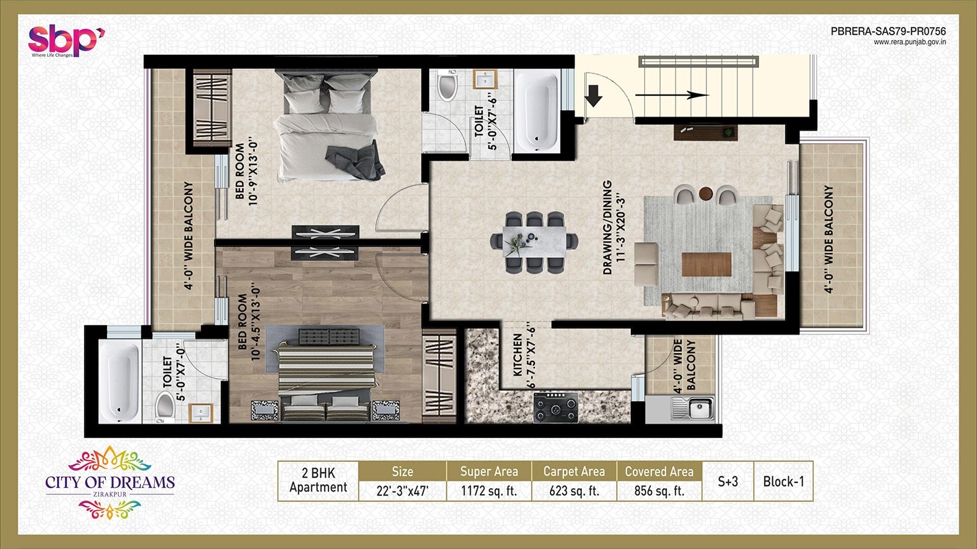 Floor plan of 2 BHK 1172 Sq. Ft. Apartment in SBP City Of Dreams Zirakpur, Zirakpur