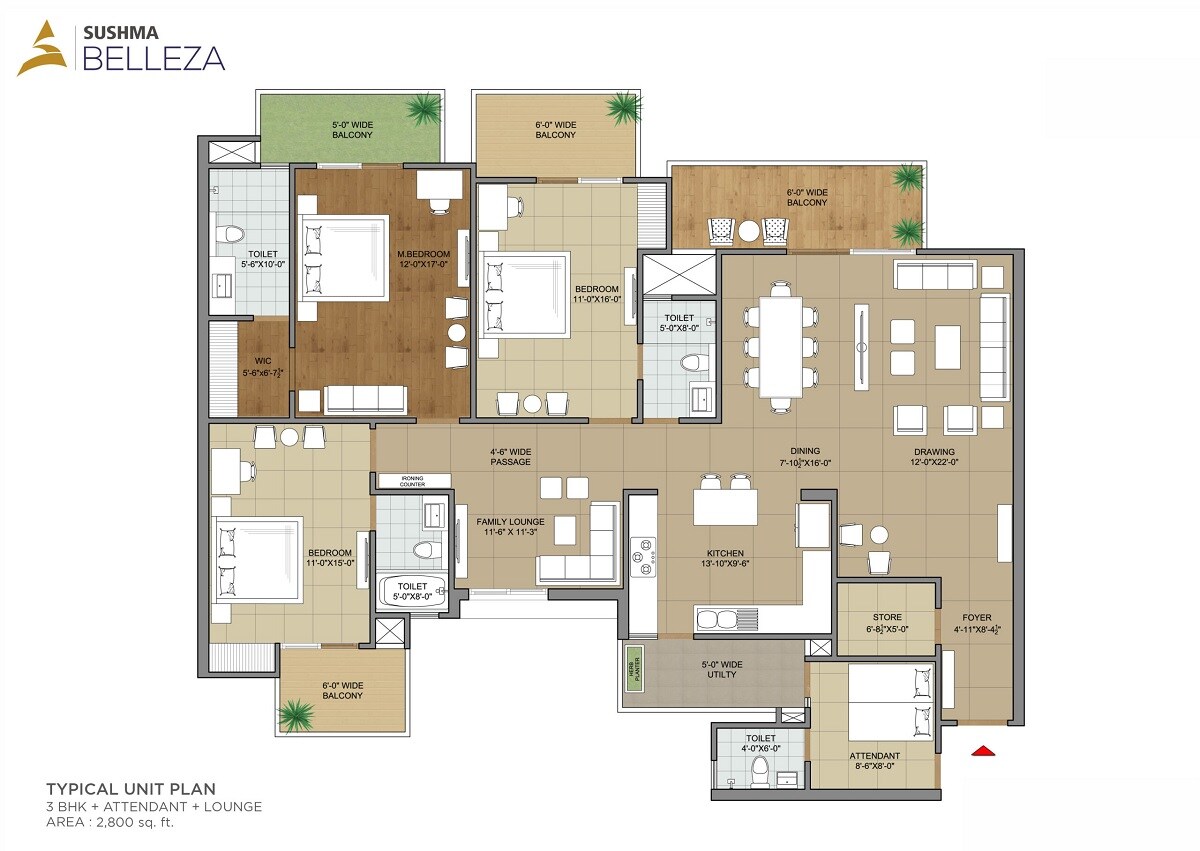 Floor plan of 3 BHK 2800 Sq. Ft. Apartment in Sushma Belleza, Zirakpur