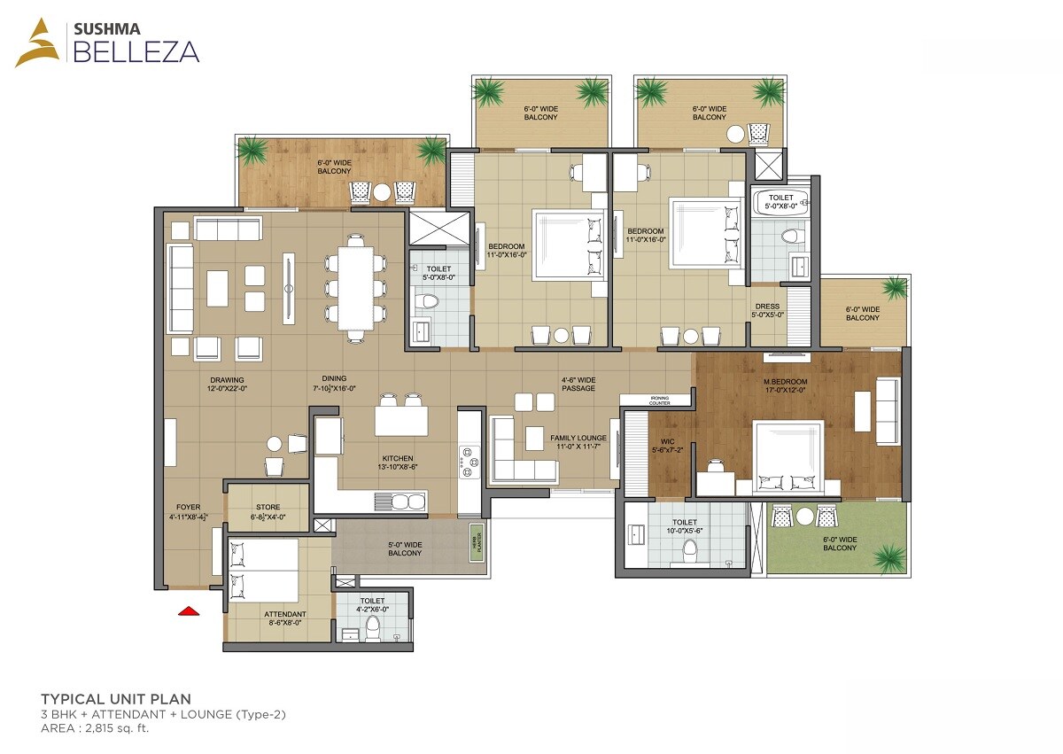 Floor plan of 3 BHK 2815 Sq. Ft. Apartment in Sushma Belleza, Zirakpur