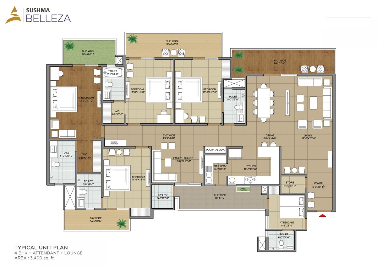 Floor plan of 4 BHK 3400 Sq. Ft. Apartment in Sushma Belleza, Zirakpur