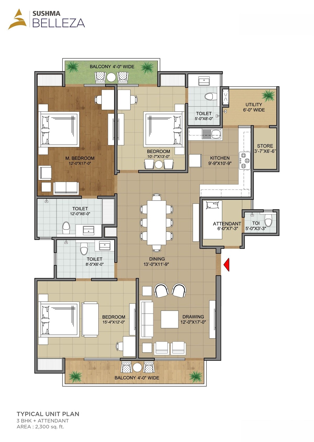 Floor plan of 3 BHK 2300 Sq. Ft. Ind Floor in Sushma Belleza, Zirakpur