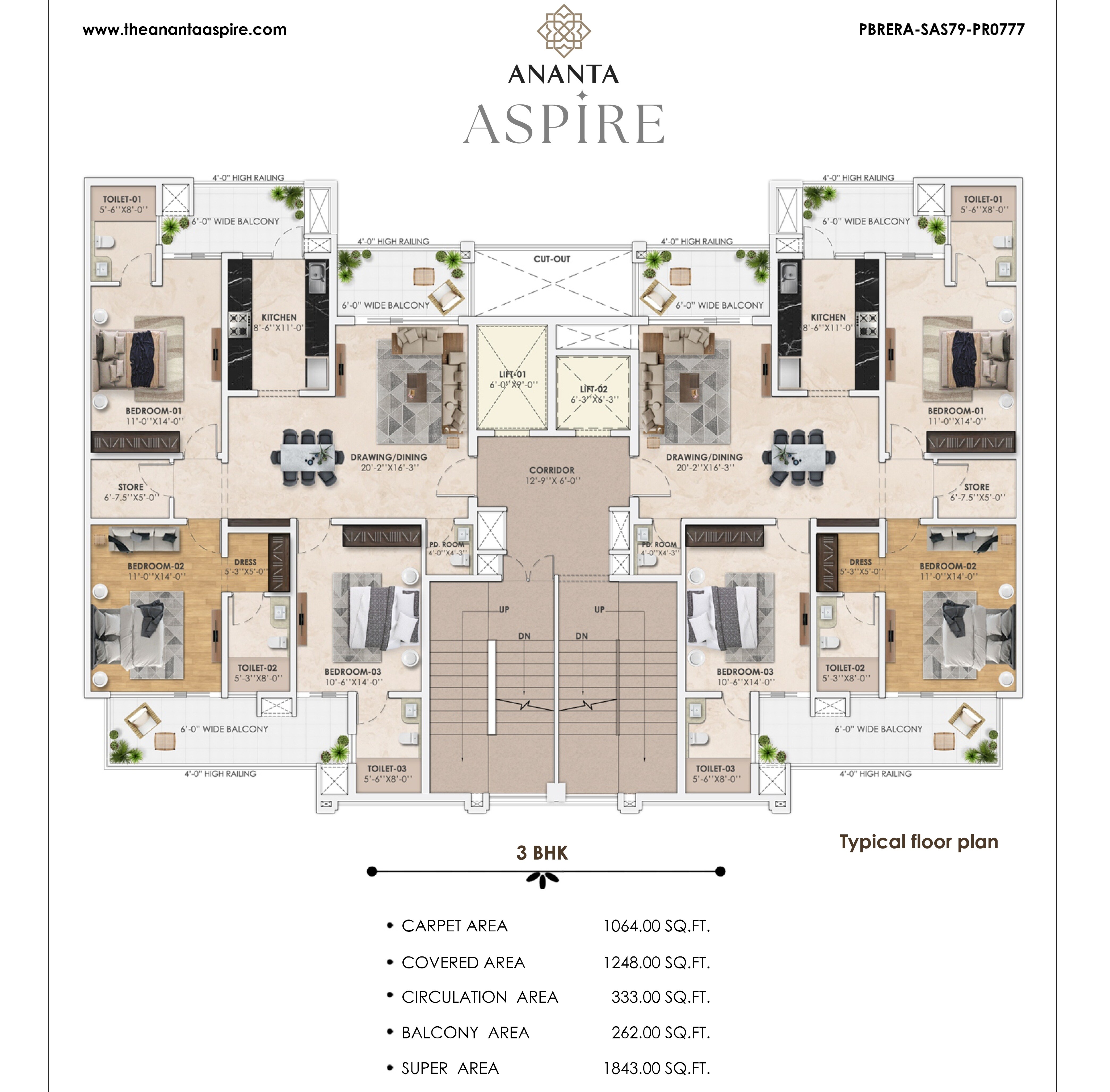 Floor plan of 3 BHK 1843 Sq. Ft. Apartment in The Ananta Aspire, Zirakpur