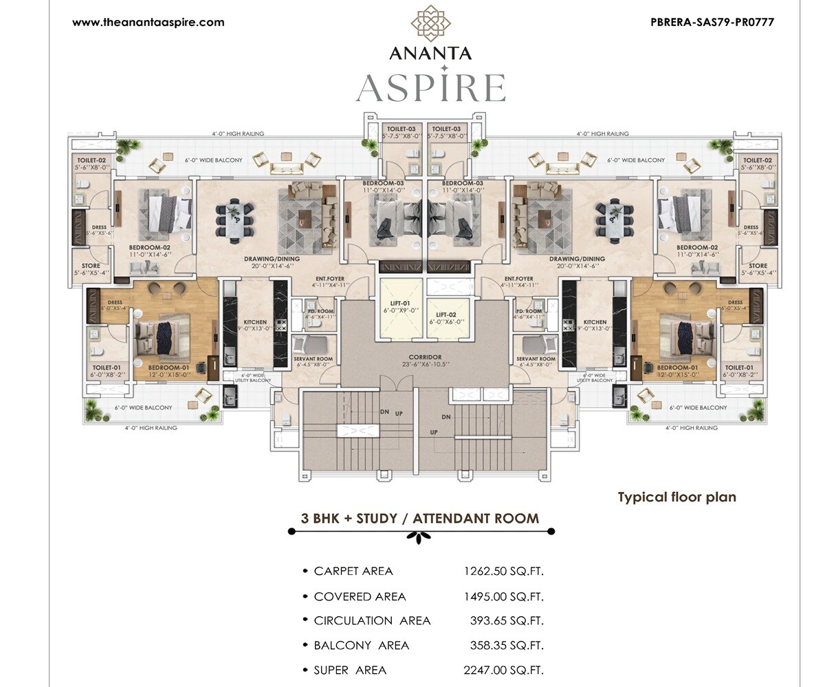 Floor plan of 3 BHK 2247 Sq. Ft. Apartment in The Ananta Aspire, Zirakpur