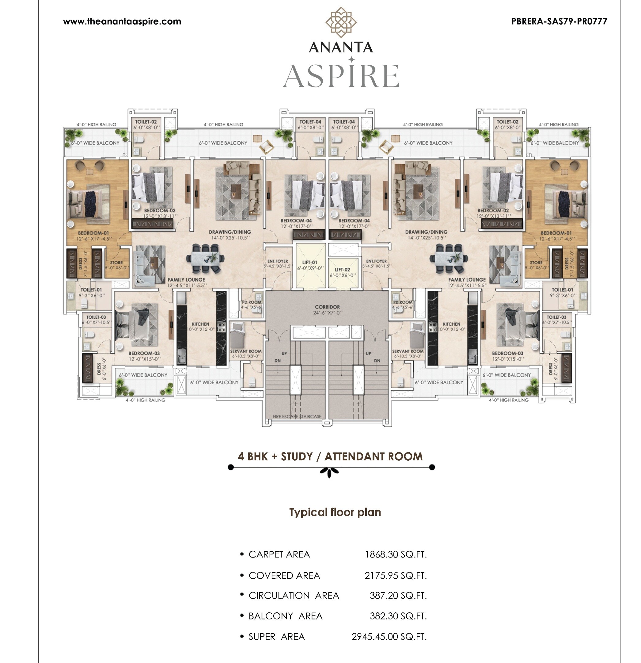 Floor plan of 4 BHK 2945 Sq. Ft. Apartment in The Ananta Aspire, Zirakpur