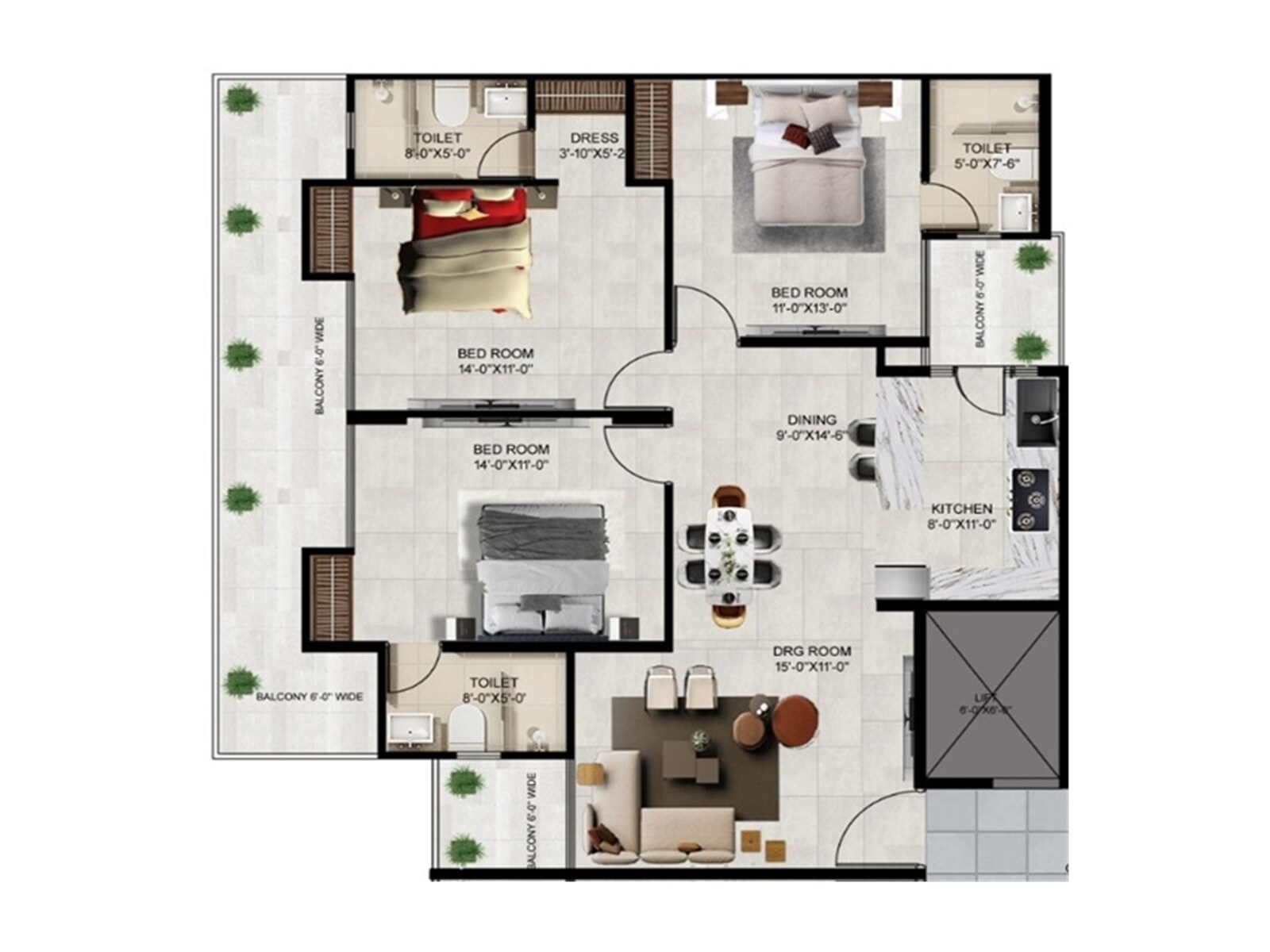 Floor plan of 3 BHK 1850 Sq. Ft. Apartment in The Palash Homes, Zirakpur