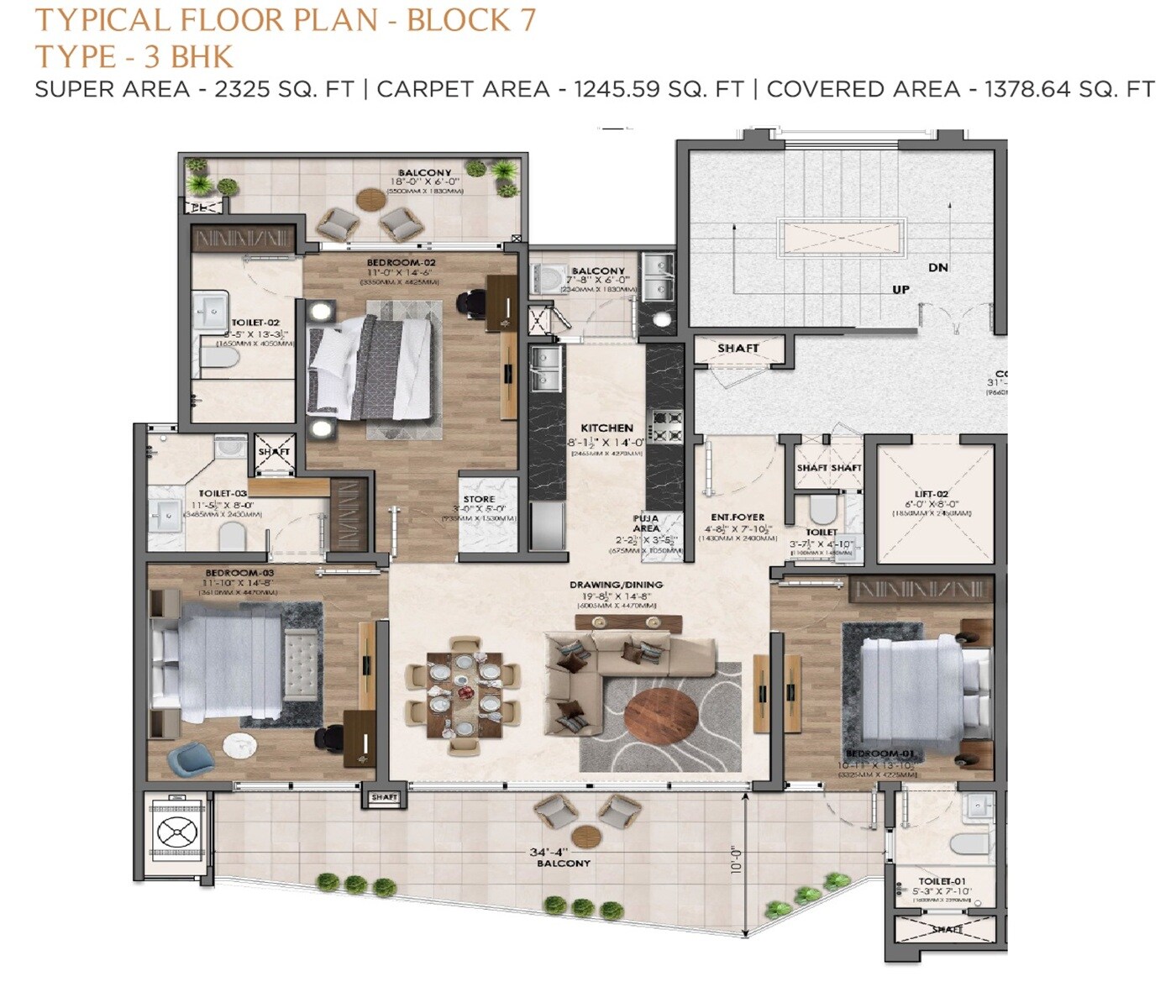 Floor plan of 3 BHK 2325 Sq. Ft. Apartment in Vamana Arvindam, Zirakpur