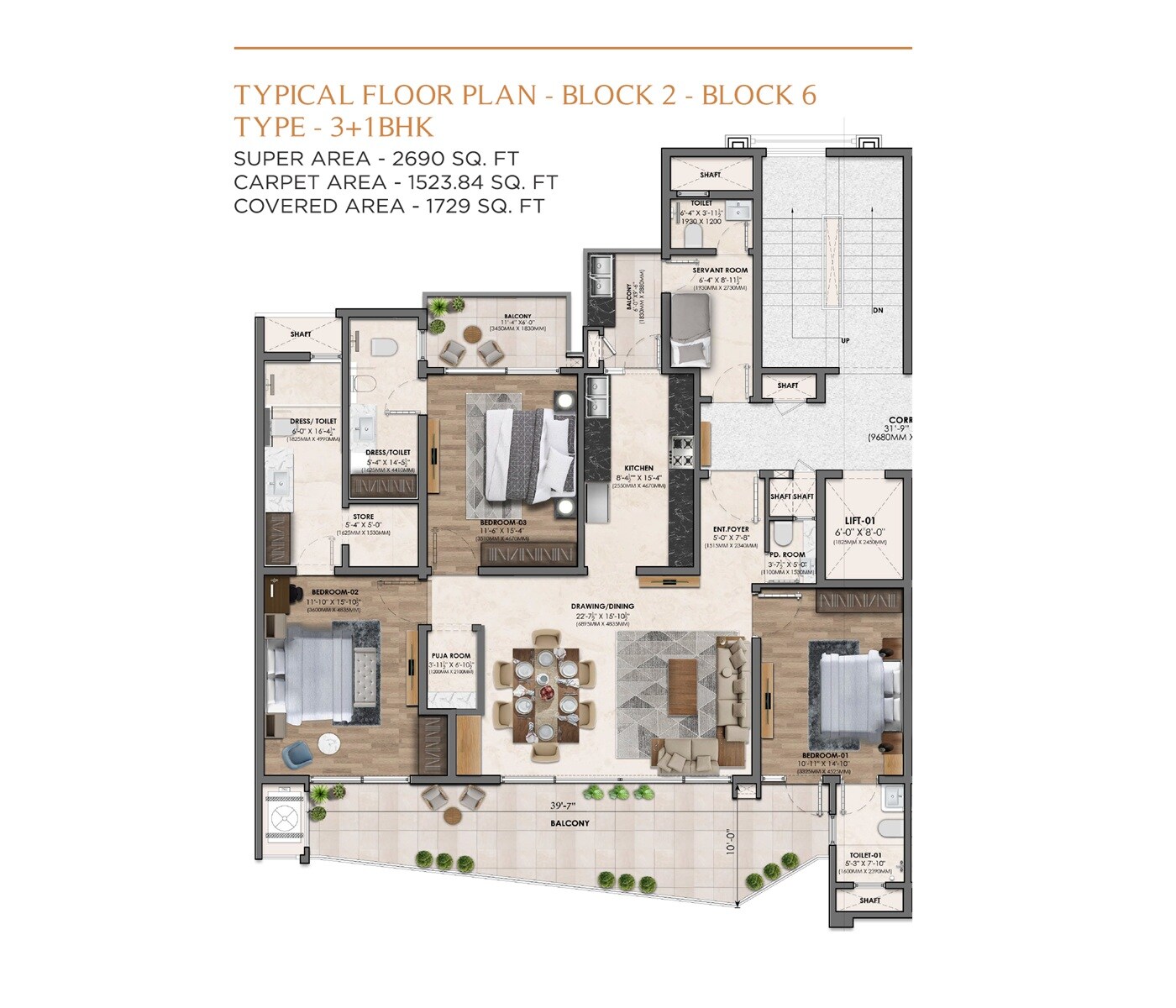 Floor plan of 3 BHK 2690 Sq. Ft. Apartment in Vamana Arvindam, Zirakpur