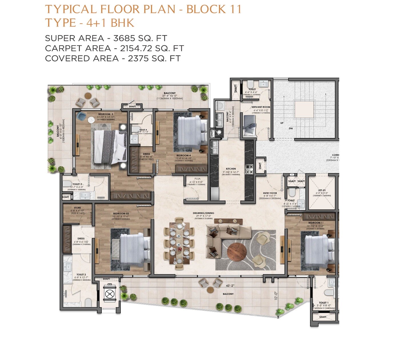 Floor plan of 4 BHK 3685 Sq. Ft. Apartment in Vamana Arvindam, Zirakpur